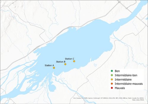 La carte présente la situation géographique des trois sites d’échantillonnage des pesticides dans le lac Saint-Pierre durant les étés 2017 à 2021. Les trois sites sont disposés de façon longitudinale dans la partie sud-ouest du lac, près de l’embouchure de la rivière Saint-François. Chaque site est représenté par une couleur qui correspond son état jugé en fonction des fréquences de détection et dépassement CVAC par site. Les états des trois sites sont jugés intermédiaire (jaune) sur une échelle allant de mauvais (rouge) à bon (vert).