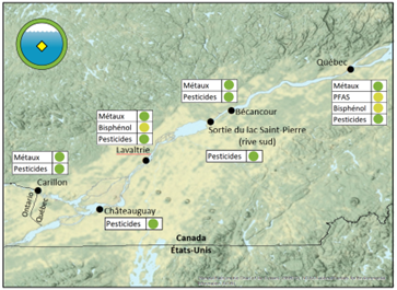 LLa carte présente la localisation des sites d’échantillonnage de la contamination de l’eau par les toxiques. D'ouest en est, on y voit un point localisant une station à Carillon dans la rivière des Outaouais; les autres points sont tous dans le fleuve Saint-Laurent à Châteauguay, Lavaltrie, à la sortie du lac Saint-Pierre sur la rive sud, à Bécancour et à Québec. Les résultats d'analyse de concentrations de métaux, pesticides, Bisphénol, PFAS sont représentés pour chaque station par des ronds verts indiquant des concentrations sous les critères de protection de la vie aquatique.