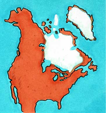 An illustrated map of North America and Greenland, as they appeared about 11 000 years ago, in which nearly all territory north of the Great Lakes is covered under the retreating glaciers.