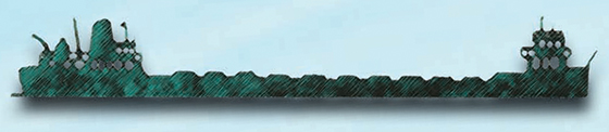An illustration of a fairly long but narrow ship with the bridge in the bow and a very flat deck with cargo hatches.